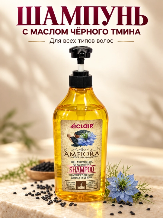 Шампунь с маслом чёрного тмина для всех типов волос Eclair Amfiora - 