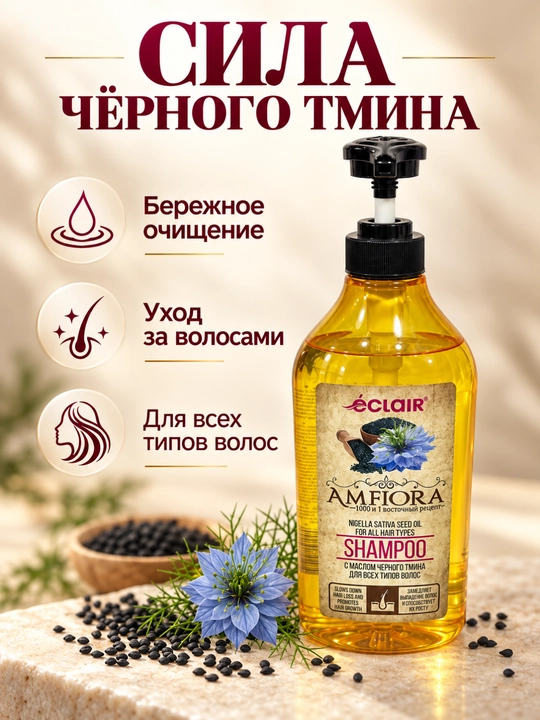 Шампунь с маслом чёрного тмина для всех типов волос Eclair Amfiora