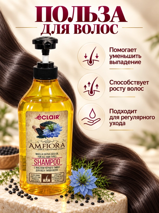 Шампунь с маслом чёрного тмина для всех типов волос Eclair Amfiora