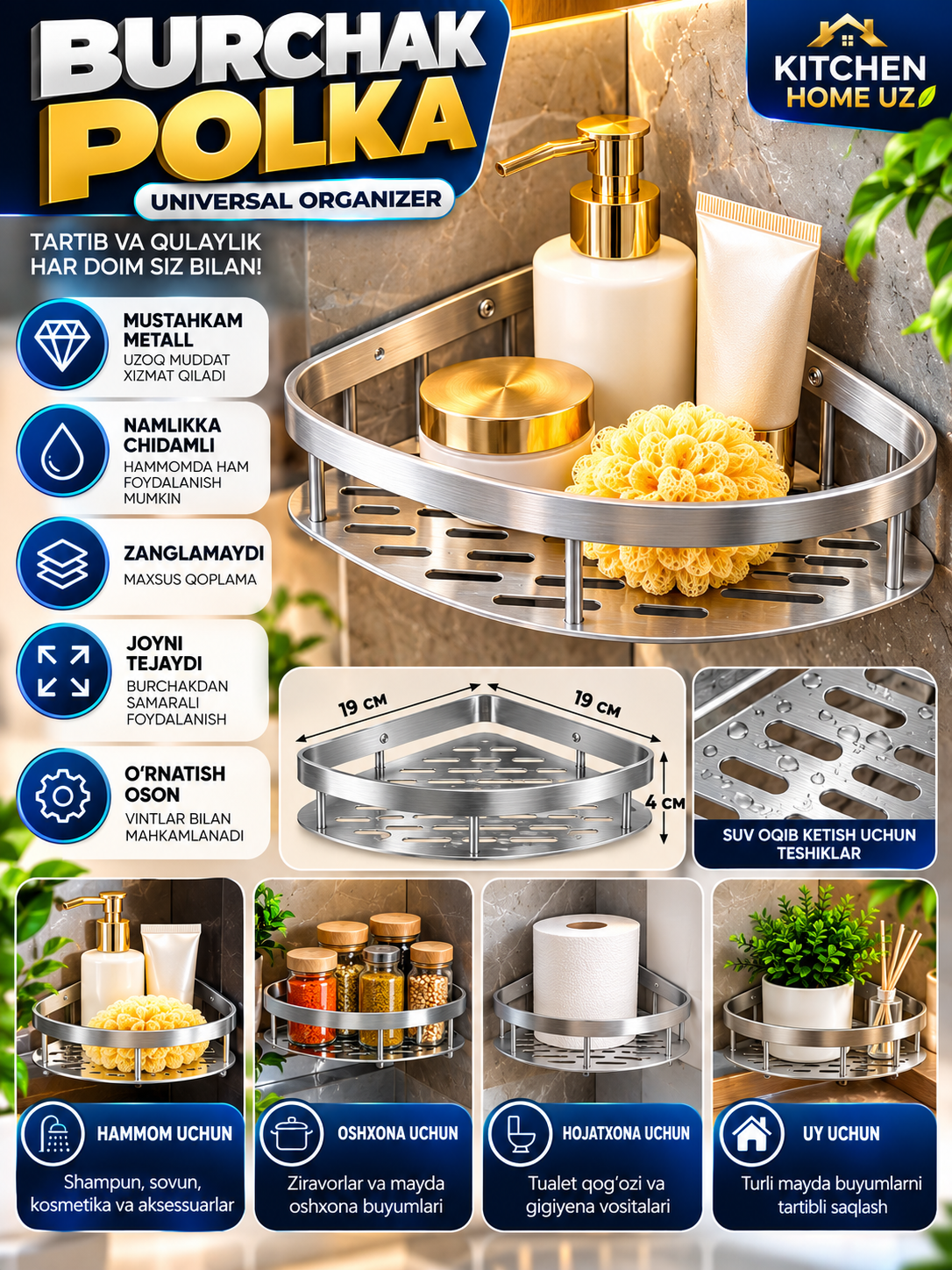 Metall burchak polka — hammom va uy uchun universal organizer