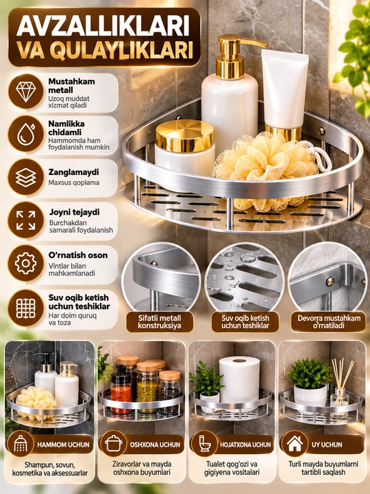 Metall burchak polka — hammom va uy uchun universal organizer