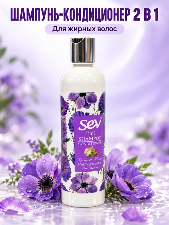 Shampun-konditsioner yog‘li sochlar uchun sarimsoq va gul kompleksi bilan 2 tasi 1 da Sev - 