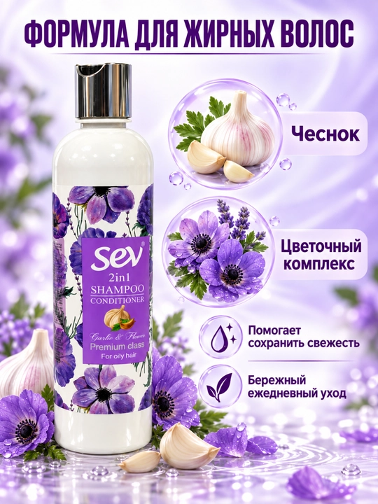 Шампунь-кондиционер 2 в 1 для жирных волос с чесноком и цветочным комплексом Sev