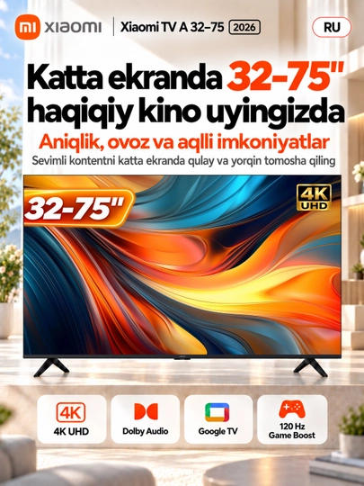 Умный телевизор Xiaomi TV A 2026, 55", 65", 4K UHD, Smart TV, Wi-Fi, Bluetooth - 