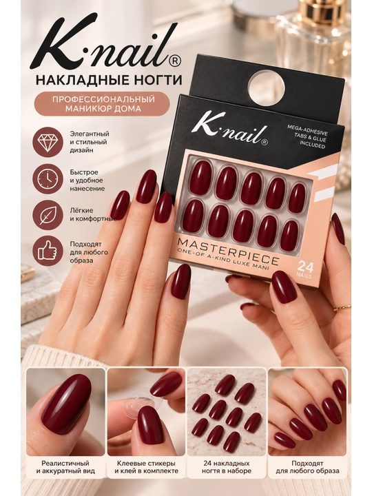 Накладные ногти на клей, с пилкой, средней длины, нюд дизайин - 