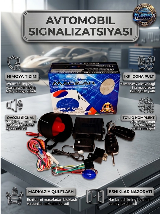 Avtomobil signalizatsiyasi Magicar, 2 ta pultli xavfsizlik tizimi, sirena bilan, 12V