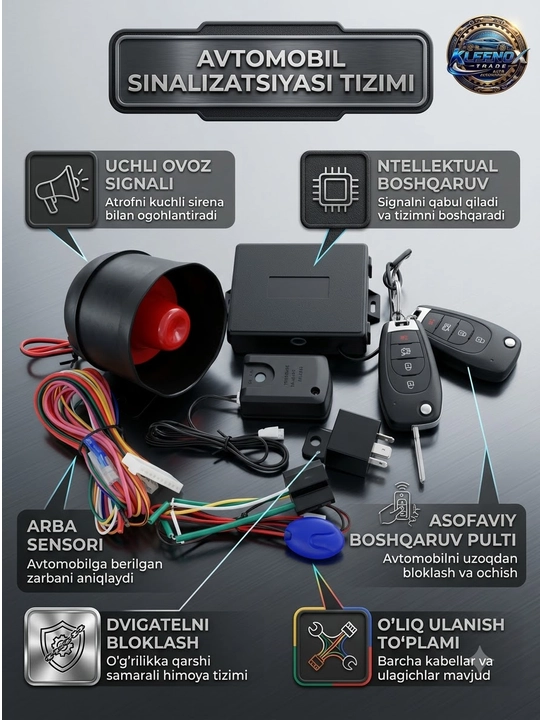 Avtomobil signalizatsiyasi Magicar, 2 ta pultli xavfsizlik tizimi, sirena bilan, 12V