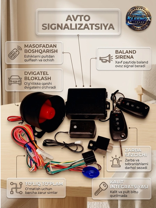 Avtomobil signalizatsiyasi Magicar, 2 ta pultli xavfsizlik tizimi, sirena bilan, 12V