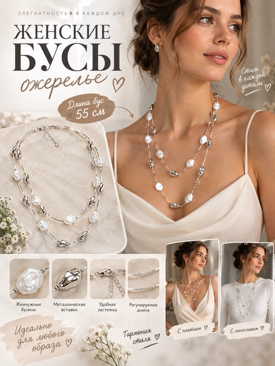 Колье бусы, длинные, с искусственным жемчугом, клевером - 