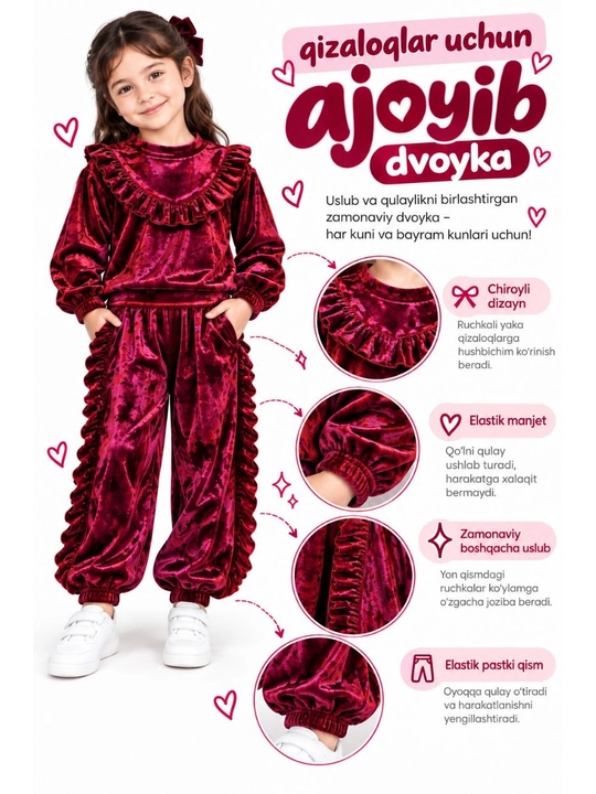 Qizlar uchun velur kostyum-dvoyka, bolalar uchun  sport kostyum, VILLUR MIRAMOR, 3–6 yosh