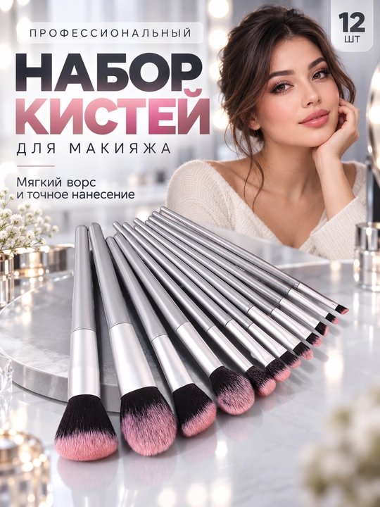 Набор профессиональных кистей для макияжа, с розовыми наконечниками – мягкие волокна