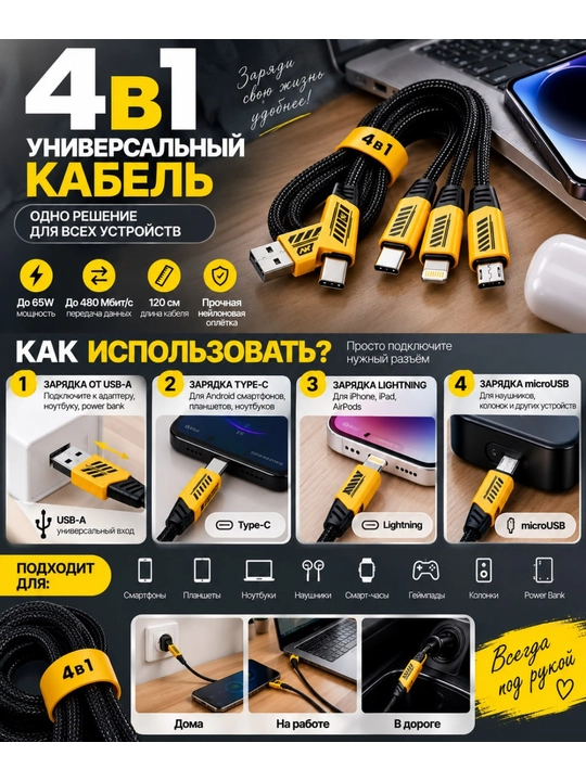 Универсальный кабель 4 в 1, 120 см, до 65 Вт, нейлоновая оплётка