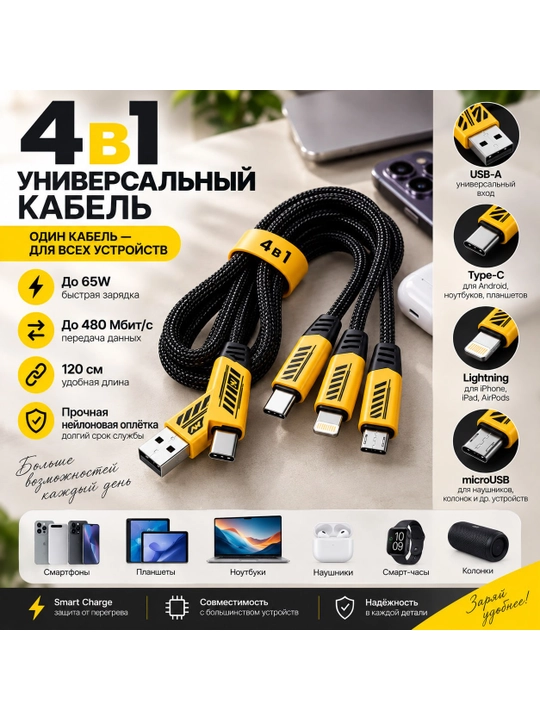 Универсальный кабель 4 в 1, 120 см, до 65 Вт, нейлоновая оплётка