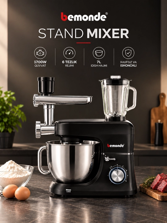 Планетарный миксер Bemonde BM-SM1003S, 1700 Вт, 7 л, 6 скоростей, с блендером и мясорубкой - 
