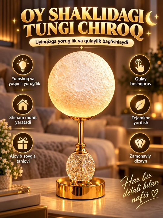 Oy shaklidagi dekorativ tungi stol chirog‘i, yotoqxona uchun LED lampa, interyer yoritgich - 