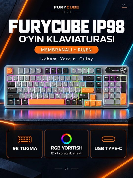 Geymerlar uchun FURYCUBE IP98 RGB membranali klaviatura, kompyuter va noutbuk uchun