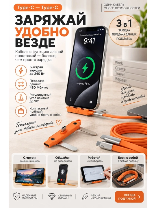 1,5 m uzunlikdagi, 240 Vt gacha quvvatga ega, bo'lgan taglikka ega ko'p funksiyali kabel
