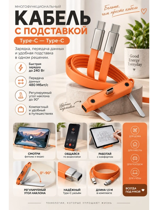 1,5 m uzunlikdagi, 240 Vt gacha quvvatga ega, bo'lgan taglikka ega ko'p funksiyali kabel
