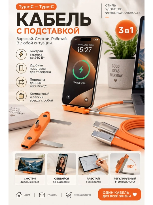 Многофункциональный кабель с подставкой Type-C — Type-C, 1,5 м, до 240 Вт - 