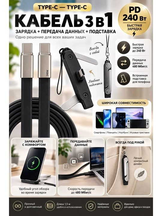 1,5 m uzunlikdagi, 240 Vt gacha quvvatga ega, bo'lgan taglikka ega ko'p funksiyali kabel