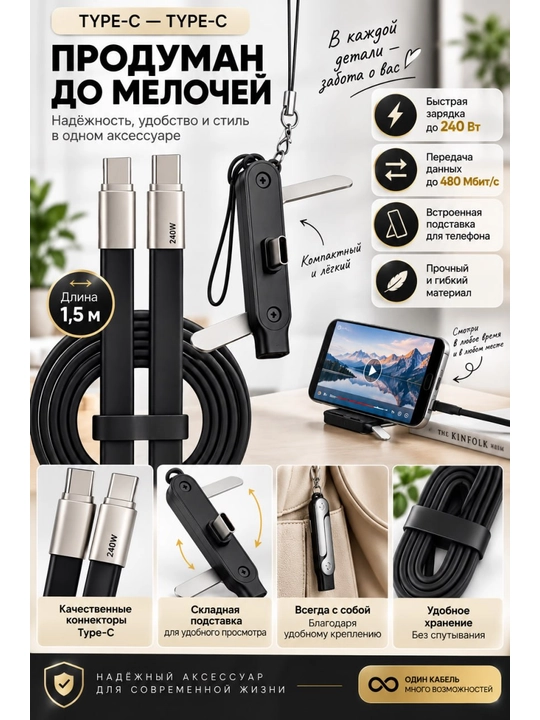 Многофункциональный кабель с подставкой Type-C — Type-C, 1,5 м, до 240 Вт - 