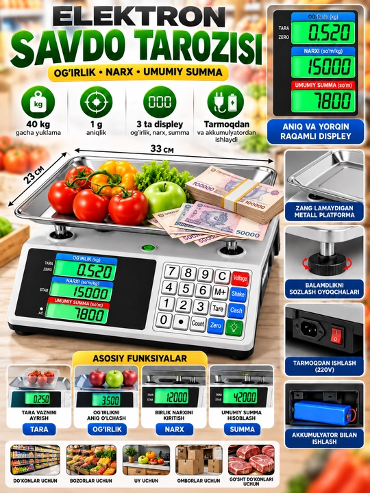 Elektron savdo tarozisi, narx va vazn hisoblaydigan raqamli tarozi, do‘kon va bozor uchun - 
