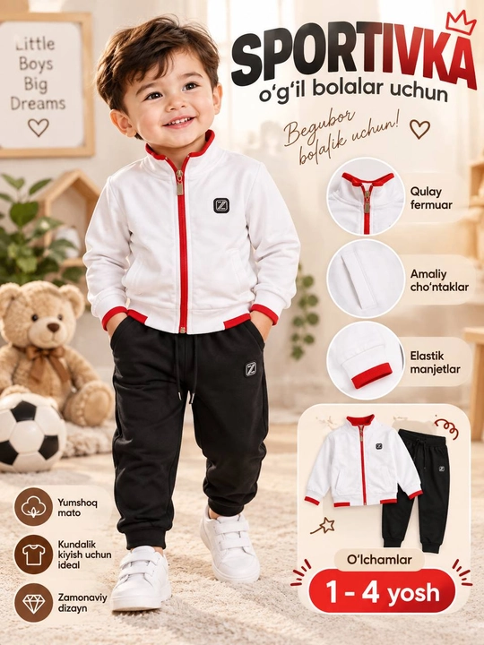 O‘g‘il bolalar uchun sportivka 1–4 yosh, yumshoq 2 qismli kostyum - 