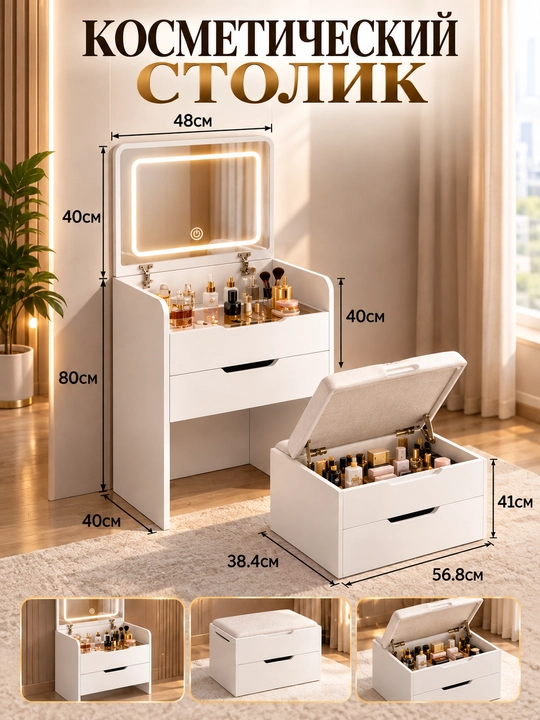 Kichik hajmli oyna va tortmalari bor kosmetik stol 60×40×80 sm - 