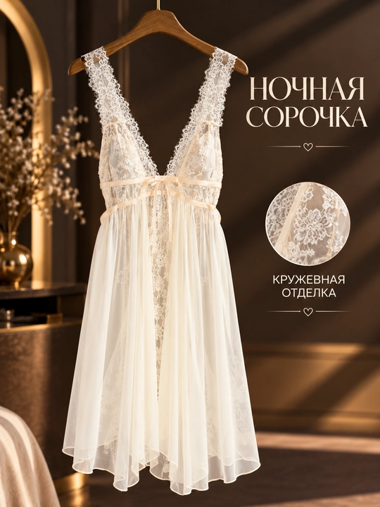 Ночная сорочка женская, кружевная, шелковая, на бретелях, домашняя одежда - 