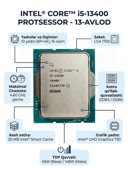 Процессор Intel Core i5-13400, LGA 1700, 10 ядер, 16 потоков, до 4.6 ГГц, DDR4/DDR5 - 