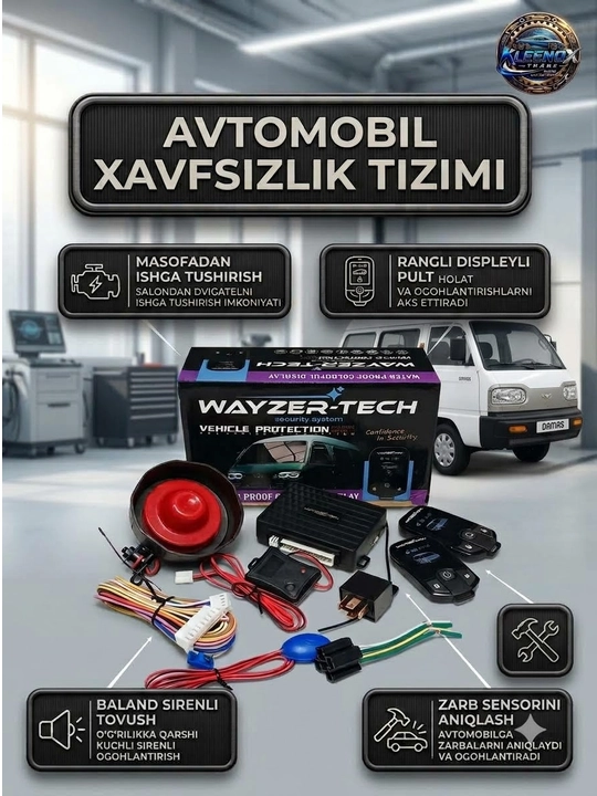 Avtomobil signalizatsiyasi Wayzer-Tech, LCD rangli pultli xavfsizlik tizimi, sirena, 12V