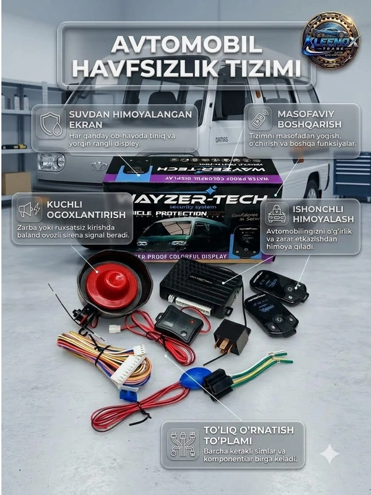 Avtomobil signalizatsiyasi Wayzer-Tech, LCD rangli pultli xavfsizlik tizimi, sirena, 12V
