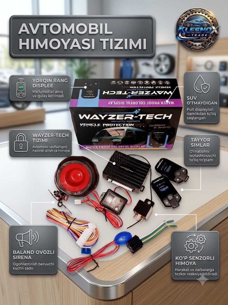 Avtomobil signalizatsiyasi Wayzer-Tech, LCD rangli pultli xavfsizlik tizimi, sirena, 12V
