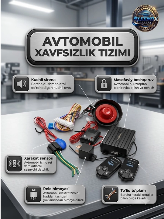 Avtomobil signalizatsiyasi Wayzer-Tech, LCD rangli pultli xavfsizlik tizimi, sirena, 12V