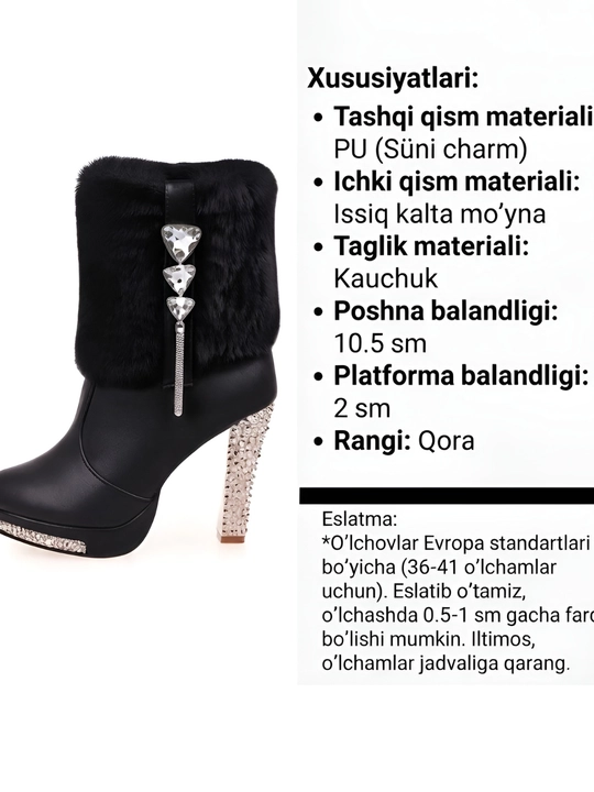 Ayollar uchun zamonaviy qora qishki etik — nafis va issiq