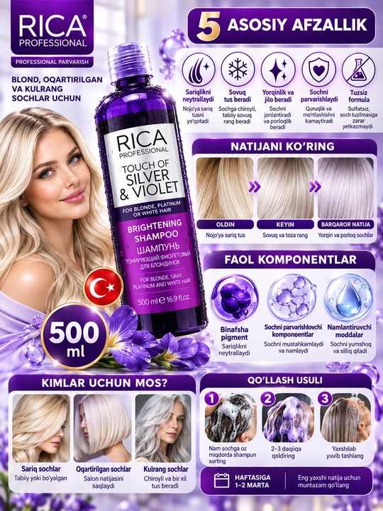 Shampun RICA Touch Toning , sariqlik uchun ayollar sochlari shampuni, sovuq sarg'ishlik