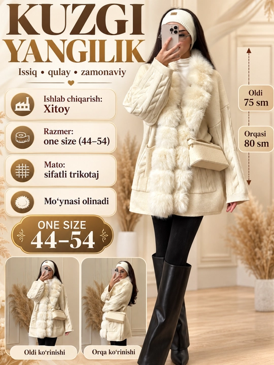 Ayollar uchun uzun trikotaj palto, yechiladigan mo‘ynali, oversayz, kuz-qish, 44–54 razmer
