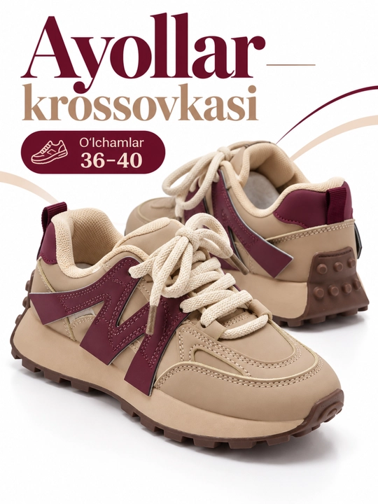 Ayollar uchun bej-bordo kundalik krossovka, bog‘ichli, o‘lchamlar