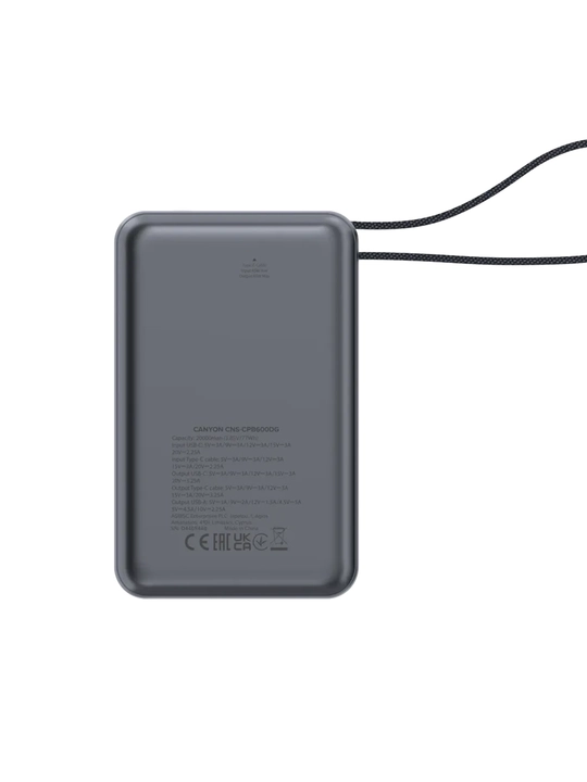 CANYON power bank OnPower 600 built-in cable 20000 mAh PD65W tashqi akkumulyatori