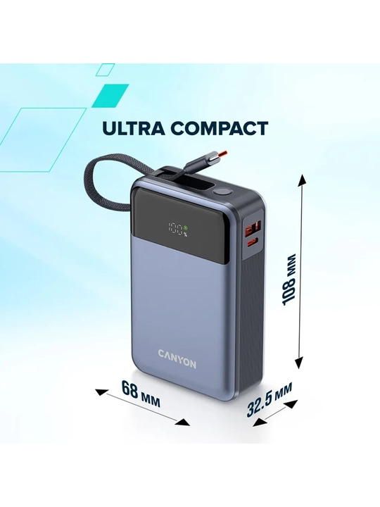 CANYON power bank OnPower 600 built-in cable 20000 mAh PD65W tashqi akkumulyatori