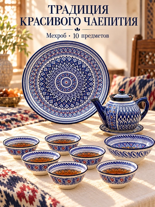 Qo‘lda ishlangan keramik stol servisi 10 dona o‘zbek naqshli - 