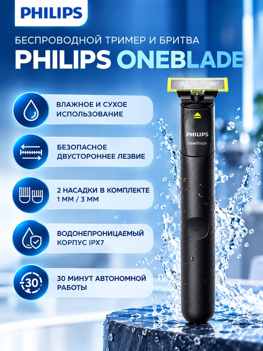 Philips OneBlade trimmeri QP1424, yuz, soqol va mo‘ylov uchun elektr ustara, 2 ta nasadka - 
