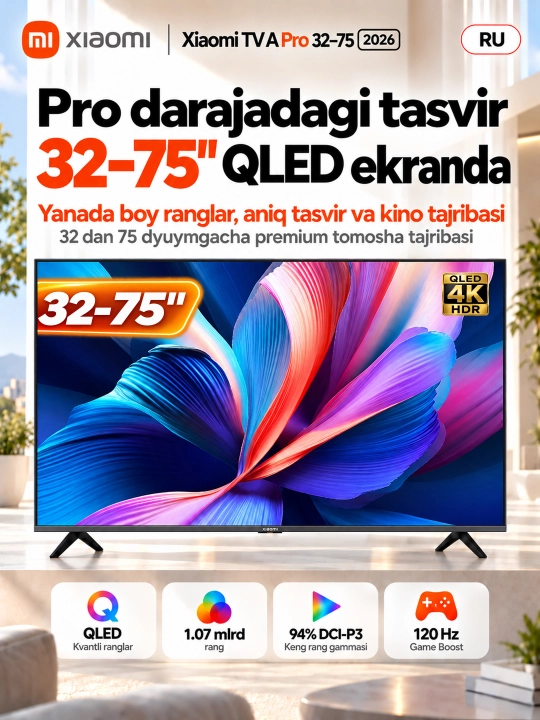 Умный телевизор Xiaomi TV A Pro 2026, 55", 65", 4K UHD, QLED, Smart TV, Wi-Fi, Bluetooth - 