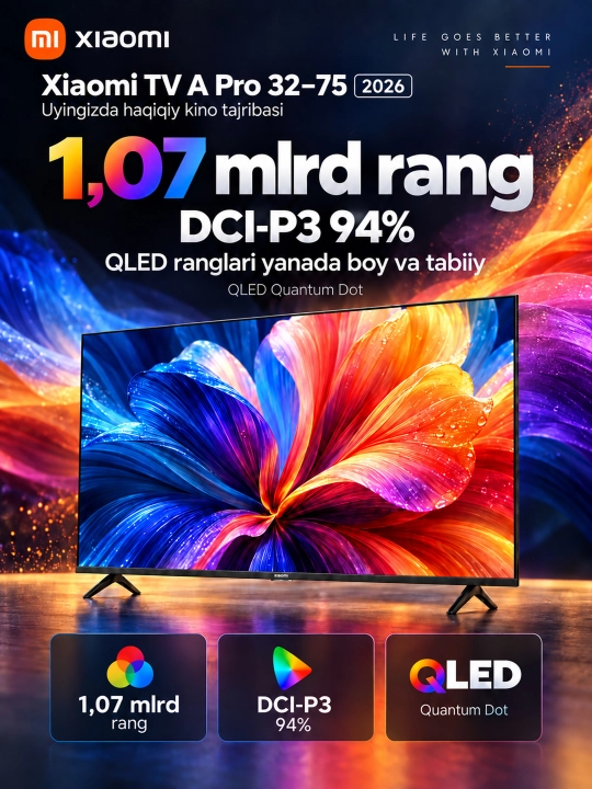 Умный телевизор Xiaomi TV A Pro 2026, 55", 65", 4K UHD, QLED, Smart TV, Wi-Fi, Bluetooth