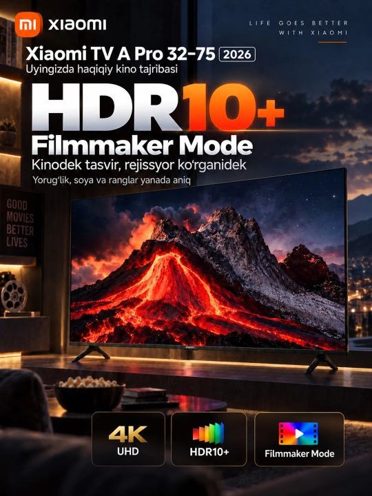 Умный телевизор Xiaomi TV A Pro 2026, 55", 65", 4K UHD, QLED, Smart TV, Wi-Fi, Bluetooth