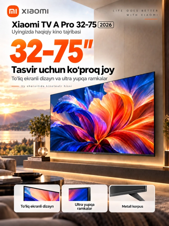 Умный телевизор Xiaomi TV A Pro 2026, 55", 65", 4K UHD, QLED, Smart TV, Wi-Fi, Bluetooth