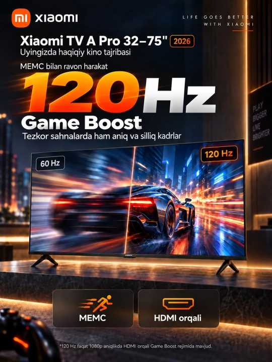 Умный телевизор Xiaomi TV A Pro 2026, 55", 65", 4K UHD, QLED, Smart TV, Wi-Fi, Bluetooth