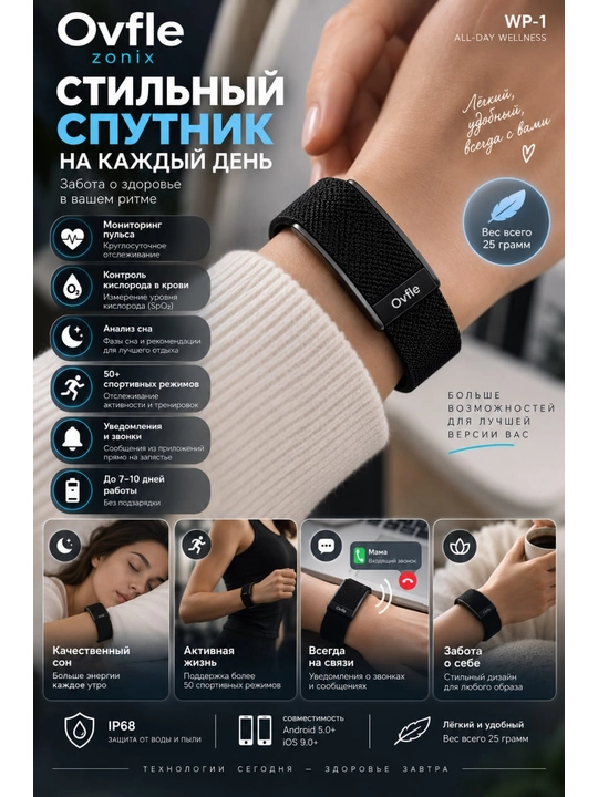 Фитнес-браслет Ovfle WP-1 с ЭКГ, IP68, русский мануал - 