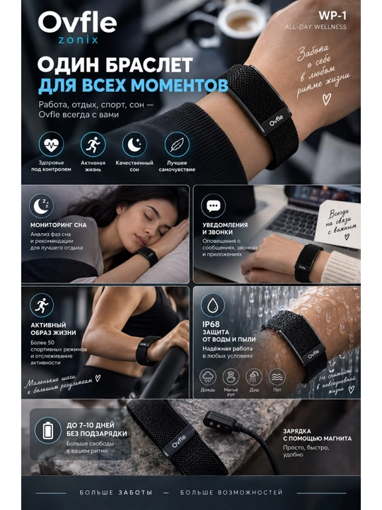 Ovfle WP-1 EKG, IP68, ruscha qo'llanma bilan fitnes bilaguzuk