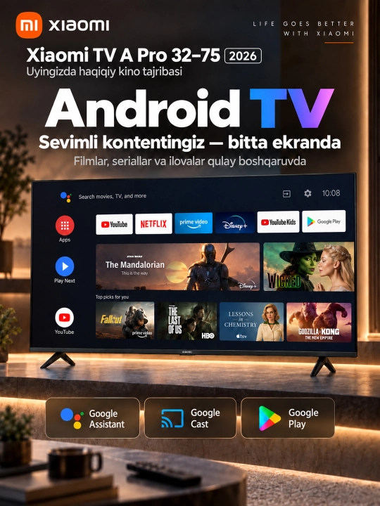 Умный телевизор Xiaomi TV A Pro 2026, 55", 65", 4K UHD, QLED, Smart TV, Wi-Fi, Bluetooth